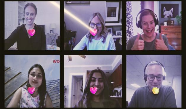 Group of people on laptop screen video call smiling