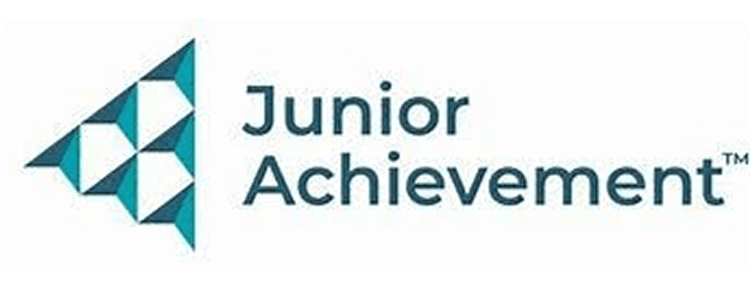 Teal geometric triangle design followed by “Junior Achievement” in bold teal text on white background.