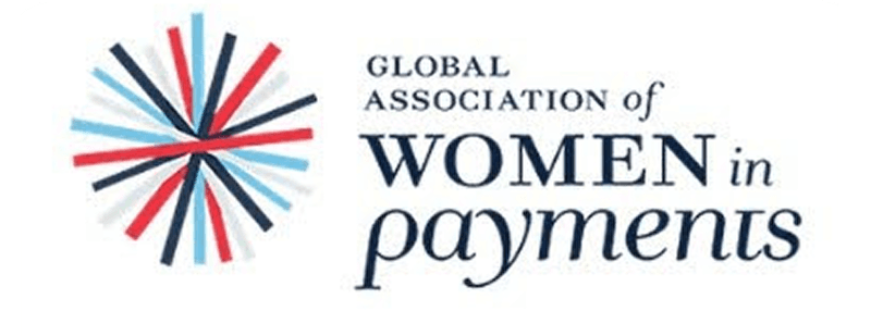 Starburst of red, blue, and black lines next to serif text “Global Association of Women in Payments” on a white background.