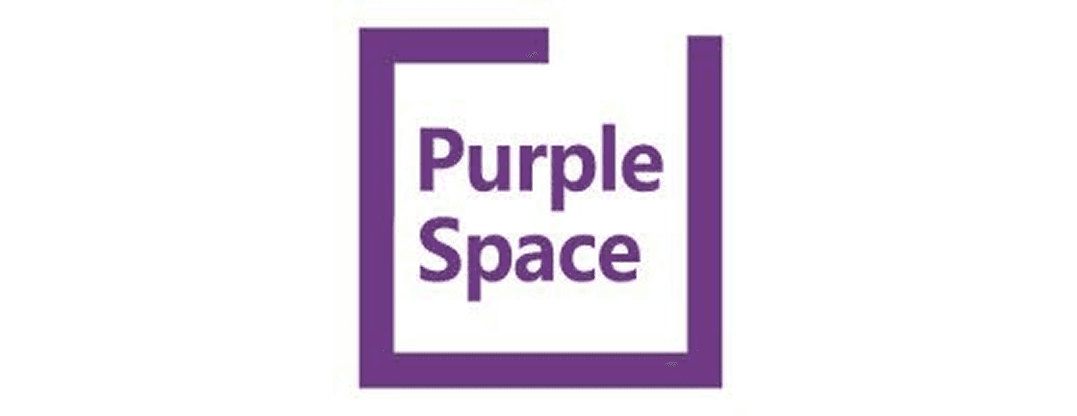 Purple square outline with the words “Purple Space” inside in matching purple text on white background.