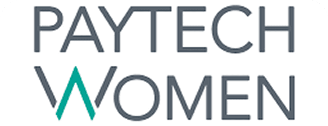Dark grey text “PayTech Women” with a teal stylized 'W' in "Women", on a white background.