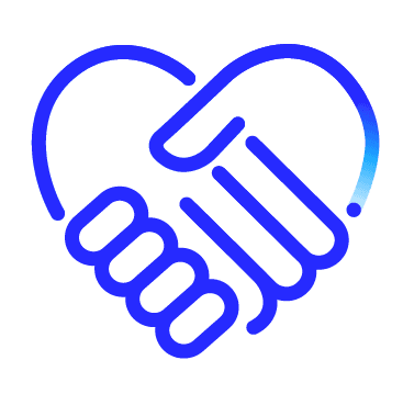 A blue icon outline of two hands clasped in a handshake forming a heart shape outline.